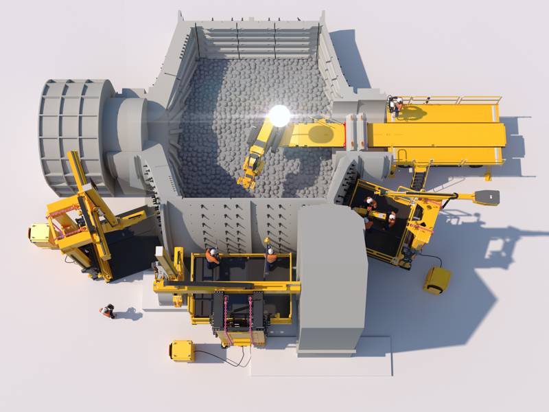 The RME Advanced Technology Mill Relining System showing automomous technologies and relining taking place from outside of a SAG mill